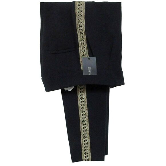 Zara Basic Black Slim Leg Dress Pants Gold Side Leg Embellished Trim Sz S NEW - Picture 1 of 9